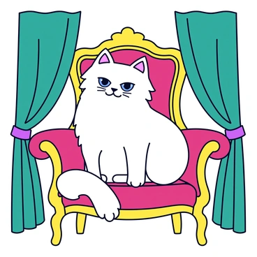 A Persian cat with long, fluffy white fur and striking blue eyes is sitting on a throne-like chair. The chair is upholstered in rich burgundy fabric with ornate golden accents. Surrounding the cat are luxurious drapes made of deep emerald green material, elegantly cascading down to the floor. The scene conveys a sense of opulence and grandeur, highlighting the regal presence of the cat.