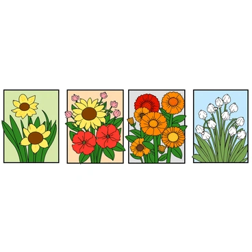 Four small borders positioned side by side, each showcasing a different season’s flowers. The first border represents spring, featuring bright yellow daffodils and delicate pink cherry blossoms interspersed with vibrant green leaves. The second border symbolizes summer, filled with sunflowers with large, sunny faces, blooming hibiscus in red and orange hues, and lush green foliage. The third border depicts autumn, showcasing rich orange and red chrysanthemums alongside golden marigolds and a few scattered brown leaves. The fourth border represents winter, displaying elegant white snowdrops peeking through a background of frosted leaves and soft blue-gray tones. Each border is distinct yet complements the others in a cheerful arrangement.