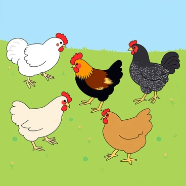 A vibrant grassy field filled with various chicken breeds. There are five distinct chickens: a fluffy white Silkie with a round body, a colorful and elegant Rhode Island Red with glossy feathers, a sleek black Leghorn with a prominent comb, a speckled Cinnamon Queen with a soft appearance, and a golden-brown Orpington with a friendly demeanor. Each chicken is pecking at the ground or interacting with one another. The bright green grass is dotted with small wildflowers, and a clear blue sky is above, enhancing the cheerful atmosphere of the scene.