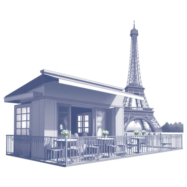 A vintage French café with outdoor seating. The café has a wrought iron fence surrounding its patio area, filled with small round tables and chairs. Each table is set with a small vase containing delicate flowers. The café's exterior features large windows with wooden shutters, while an awning extends over the seating area. In the background, the Eiffel Tower rises prominently against the sky, showcasing its intricate lattice structure and iconic silhouette. The scene captures a bustling atmosphere, with patrons enjoying their meals and drinks at the café.