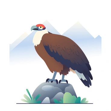 An Andean condor with dark brown feathers and a distinctive white collar is perched on a rugged gray rock. Its massive wings are fully spread, displaying intricate feather patterns, showcasing shades of brown and hints of black. The bird's sharp beak is partly open, ready for takeoff. Below the condor, a rocky landscape is visible, with scattered patches of green vegetation contrasting against the stone. In the background, faint silhouettes of distant mountains rise against the sky, enhancing the sense of elevation and wilderness.