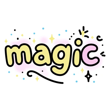 Glowing letters spelling "magic" in a vibrant, luminescent style. The letters are surrounded by a swirl of sparkling fairy dust, creating a mystical atmosphere. The fairy dust features various tiny sparkles and light trails, enhancing the enchanting effect of the scene. Each letter is distinct, showcasing smooth edges and a radiant glow.