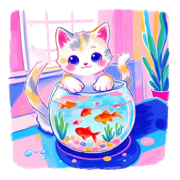 A playful "kawaii cat" with large, wide eyes is sitting on the edge of a table, its fur is fluffy and white with patches of light grey. The cat has a small pink nose and its paw is raised in a curious gesture. In front of the cat is a transparent glass bowl filled with water, where small colorful fish are swimming around. The bowl is decorated with pebbles at the bottom and a few green aquatic plants. The setting is bright and cheerful, with a soft light illuminating the scene.