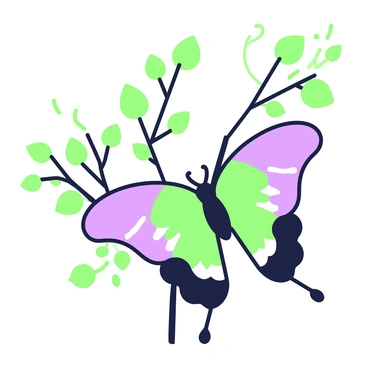 A butterfly is emerging from a chrysalis hanging delicately on a thin branch. The chrysalis is partially cracked open, revealing vibrant wings transitioning from the resting state to their full form. The butterfly's wings are outstretched as it begins to unfold, showcasing intricate patterns. Surrounding the scene, small green leaves start to bud on nearby branches, indicating the arrival of spring. A soft light filters through the foliage, illuminating the butterfly and highlighting the delicate details of the wings and the chrysalis.