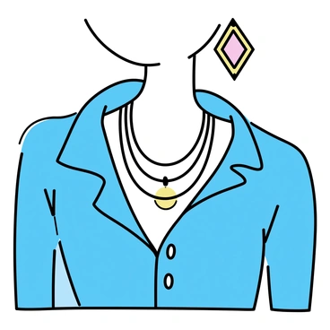 A close-up of a denim blouse, showcasing its textured fabric and contrast stitching. The blouse has a collar and button details that are clearly visible. Layered necklaces made of silver and gold chains are draped around the neck, each featuring a distinct pendant. Statement earrings with bold geometric shapes dangle from the ears, adding visual interest to the outfit. The background is soft and neutral, emphasizing the clothing and accessories.
