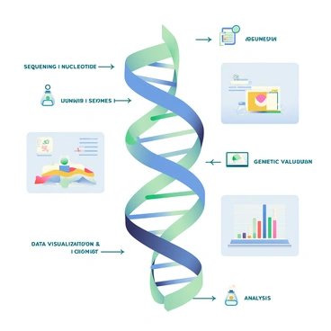 An infographic features a large, central DNA strand with a double helix structure. The strand is colored in shades of blue and green, with labeled sections indicating "genes," "nucleotides," and "chromosomes." Surrounding the DNA strand are various arrows indicating processes, such as "sequencing" and "analysis," each with clear labels. Small icons, such as a microscope, a laboratory flask, and a computer, are strategically placed around the infographic to represent important tools in genomics. Below the DNA strand, there are simple graphs showcasing data interpretation, with labels such as "data visualization" and "genetic variation." The overall layout is clean and organized, making it easy to follow and understand the information presented.