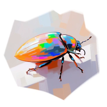 An illustration featuring a close-up view of a beetle's wings, showcasing the intricate patterns and textures. The wings are prominently displayed, revealing a vibrant array of colors including iridescent greens, deep blues, and hints of copper. The fine details of the wing structure, including delicate veins and scales, are highlighted, providing a clear view of their complexity. The background is softly blurred to emphasize the vivid details of the beetle's wings.