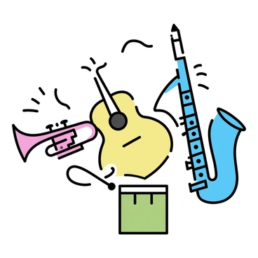 A collection of various musical instruments arranged together on a simple background. There is a bright red trumpet, a yellow guitar with a smooth body, a blue saxophone gracefully curved, and a green drum with taut skin. Each instrument displays distinct features, such as the trumpet's shiny valves, the guitar's fretboard, the saxophone's keys, and the drum's circular shape. The instruments are interconnected with flowing lines that suggest movement and rhythm.