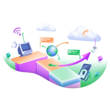 A modern pastel illustration depicting an illustrated timeline representing the rise of the internet. The timeline is segmented into various sections, each showcasing pivotal moments and technologies. Each section contains icons and symbols that represent key innovations, such as a computer for the invention of the personal computer, a globe for the World Wide Web, and a smartphone for the mobile internet era. 

Colorful arrows connect the sections to indicate progression, and dates accompany each event. The background features soft pastel shades, enhancing the visual appeal of the timeline. Various elements, like a Wi-Fi signal symbol and a cloud representing cloud computing, are scattered along the timeline, emphasizing the evolution of digital communication.