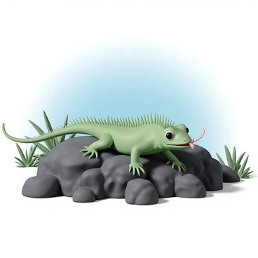 An iguana, with vibrant green scales and long, spiny ridges along its back, is basking on a series of rugged, dark volcanic rocks. The rocks have a rough texture and are heated by the sun, creating a warm environment. The iguana's eyes are bright and alert, and its tongue is flicking out occasionally. Above, the sky is clear and blue, without any clouds, casting a bright light over the scene. In the background, there are hints of vegetation, including sparse green bushes and plants, adding contrast to the rocky terrain.