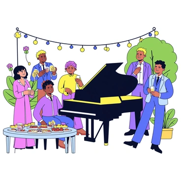A garden party setting with a grand piano as the centerpiece, featuring a polished black finish. Around the piano, guests are dressed in elegant attire, including formal gowns and sharp suits. Some guests are engaged in lively conversation, while others hold glasses filled with sparkling drinks. The garden is filled with lush greenery, colorful flowers, and decorative string lights hanging above. A table nearby is set with an assortment of delicately arranged appetizers.