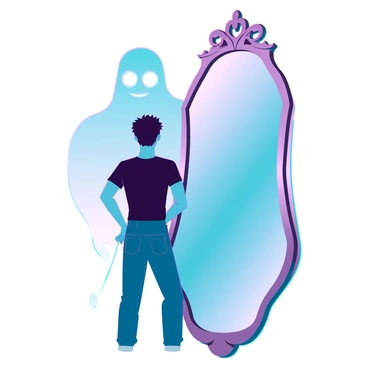 A person with medium skin tone and short hair stands in front of a large, ornate mirror. They are wearing a casual outfit consisting of a fitted black t-shirt and jeans. The person appears focused as they look into their reflection. Behind them, a ghostly figure hovers in the background, with a translucent body and glowing eyes that emit a faint light. The ghostly figure has a wispy appearance, with edges that seem to blend into the air, creating an ethereal effect. The scene captures the tension between the person and the specter, highlighting the contrast between the solid form of the individual and the vague outline of the ghost.