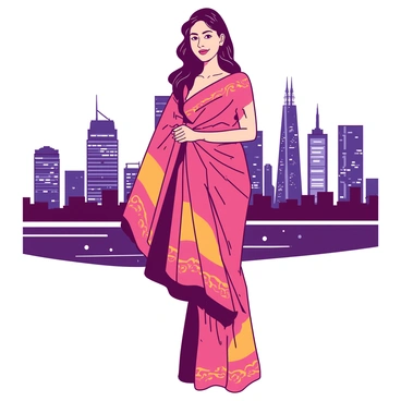 A young woman is standing confidently in front of a cityscape, wearing a saree draped in a modern style. The saree features intricate patterns and vibrant colors. Her hair is styled elegantly, cascading down her shoulders. The city skyline behind her showcases tall buildings and bright lights, creating a dynamic urban backdrop. The scene captures the contrast between traditional attire and the contemporary setting.