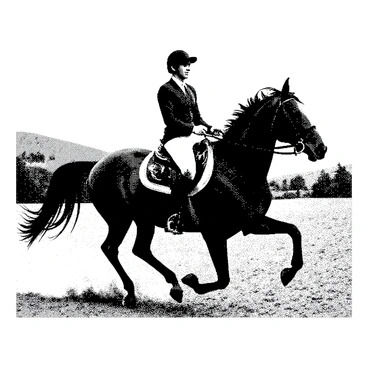 A horse with a muscular build is galloping across a lush countryside landscape. The rider is wearing a fitted riding outfit, holding the reins tightly. The horse's mane flows dramatically in the wind, while its hooves kick up dust from the ground. In the background, rolling hills and sparse trees are visible, framing the scene. The sky is clear, providing a sense of openness above the galloping figures. The overall scene is intricately detailed, showcasing the movement and energy of the horse and rider in harmony with the countryside.