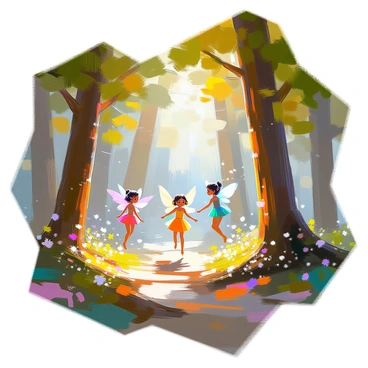 A group of forest sprites with delicate wings, each varying in color from shimmering green to radiant blue, are playfully darting through a dense grove of tall trees. They have ethereal features and glowing eyes, reflecting the sunlight filtering through the leaves. As they move, they leave behind sparkling trails of light that create a magical, luminescent path in the air. The forest is rich with lush foliage, with dappled sunlight creating patterns on the forest floor. Small flowers bloom around the bases of the trees, enhancing the enchanting atmosphere of the scene.