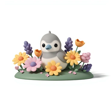 A small baby bird with soft feathers, mostly gray and white, is nestled among a variety of vibrant wildflowers. The wildflowers include bright yellow daisies, deep purple violets, and orange poppies, creating a colorful and lively scene. The bird's beak is slightly open, and its wide eyes are peeking out, showcasing a sense of curiosity. The green grass below is dotted with more flowers, and the sunlight casts gentle shadows, adding depth to the composition.