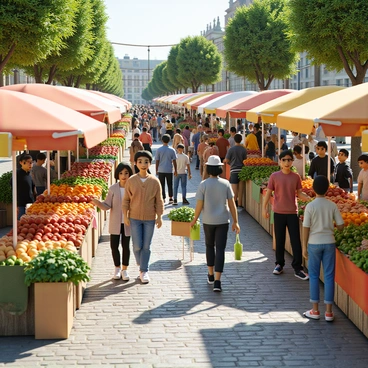 An open-air market filled with vibrant stalls displaying an array of fresh produce. The stalls are adorned with colorful banners and canopies, showcasing fruits like ripe strawberries, bright oranges, and leafy greens. People of diverse backgrounds are seen browsing the offerings, some holding shopping baskets filled with fruits and vegetables. The cobblestone pathway is bustling with activity as vendors engage with customers, promoting their goods. The scene is lively, with the sunlight illuminating the market, casting cheerful shadows on the ground.