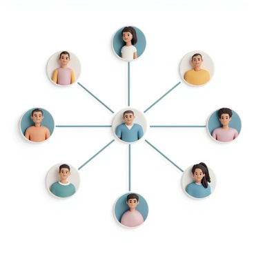 A collection of diverse user icons, each representing different individuals, placed in a circular layout. The icons vary in color and design, showcasing a mix of clothing styles and hairstyles, indicating a range of identities. Thin lines connect the icons, representing interaction and community. The lines are straight and evenly spaced, illustrating a network of connections. The background is a simple gradient, enhancing the focus on the icons and the lines that link them.