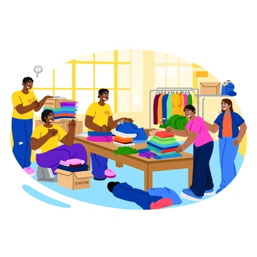 A group of volunteers are sorting through stacks of colorful donated clothes in a bright room. The volunteers are wearing cheerful t-shirts and working together, smiling as they organize the clothes. Various clothing items, such as shirts, pants, and jackets, are spread out on tables and the floor. Sunlight streams in through large windows, illuminating the space and creating an inviting atmosphere. Some boxes labeled "donations" are placed around the room, and a few clothing racks hold neatly hung garments.