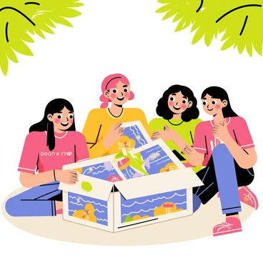 Nami sharing her illustrated box with friends, showcasing vibrant drawings of her adventures.