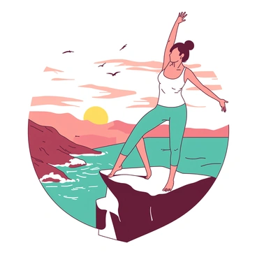 A person in a white tank top and teal leggings is performing pilates on a rocky cliff, overlooking a vast landscape. The individual is in a balanced pose, with arms extended and feet firmly planted on the ground. The sky is painted with warm hues as the sun rises on the horizon, casting a soft glow over the scene. Below the cliff, the ocean waves gently crash against the rocks, while a few distant birds soar through the sky, adding life to the tranquil atmosphere.