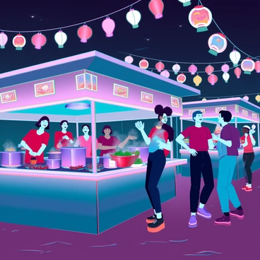 A bustling night market scene illuminated by an array of colorful lanterns hanging above. Food stalls are positioned closely together, each displaying a variety of dishes, with steaming pots and sizzling grills. People of diverse backgrounds are gathered around the stalls, some laughing and chatting animatedly, while others are engaged in enjoying their food. The atmosphere is vibrant, with rich colors from the food and decorations contrasting against the dark night sky. The ground is slightly wet, reflecting the lights and adding to the lively ambiance of the market.