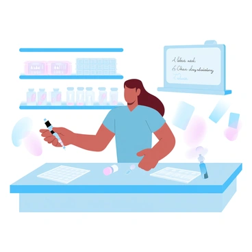 A nurse wearing scrubs is standing at a countertop in a hospital pharmacy. She is holding a syringe in one hand and a vial of medication in the other. There are various medical supplies arranged neatly on the countertop, including pill bottles, medication trays, and labels. In the background, shelves filled with neatly organized medication boxes are visible. A digital display shows the time and a list of medications needed for the day.