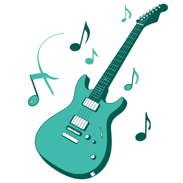 A teal electric guitar is depicted in the center of the image, with a sleek body and shiny chrome pickups. The guitar's strings gleam under light, creating a vibrant focus. Surrounding the guitar are floating musical notes in various sizes, illustrated in a contrasting white color. The notes swirl around the guitar, creating a sense of motion and rhythm. The background is simple, allowing the guitar and notes to stand out prominently in the composition.