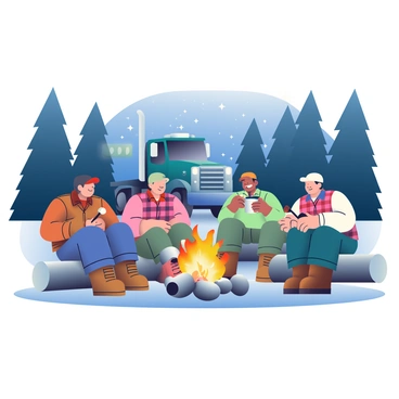A group of four truckers is gathered around a small campfire at a rest area during the night. The truckers are wearing cargo pants, plaid shirts, and sturdy boots. They are sitting on logs arranged in a circle around the fire, which has bright orange flames and glowing embers. One trucker is holding a roasting stick with a marshmallow, while another is pouring coffee from a thermos into a tin cup. The rest area is surrounded by tall trees silhouetted against the dark sky filled with stars. Nearby, a large truck is parked, its headlights casting a soft glow on the scene.
