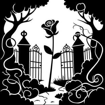 A single black rose stands tall in a gothic garden, its petals fully unfurled. Surrounding the rose, thick mist weaves through the intricate wrought iron gates and overgrown foliage. Delicate vines curl around ancient stone statues partially obscured by the mist. Soft, ethereal light filters through the branches of gnarled trees, creating a mystical atmosphere. Crumbling stone pathways snake through the garden, leading to forgotten corners. The overall scene evokes a sense of mystery and enchantment, highlighting the beauty of the black rose amidst the gothic elements.