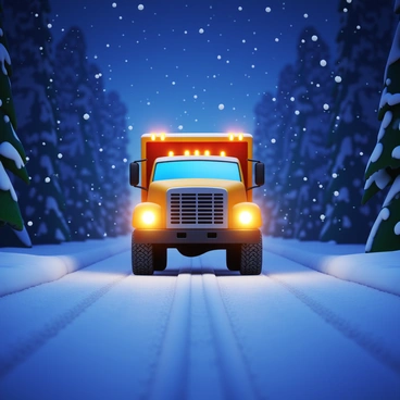 A truck with bright headlights illuminating the heavy snowfall on a rural road. Snowflakes are falling steadily, creating a white curtain in the night. The truck has a sturdy build with large tires designed for winter conditions. The road is lined with snow-covered trees, and the ground is blanketed in a thick layer of snow. The contrast between the warm light from the truck and the cold, blue tones of the snowy landscape is striking.