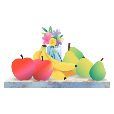 A collection of various fruits is arranged on a textured wooden table. There are vibrant red apples, a bunch of yellow bananas, and ripe green pears. A delicate glass vase filled with colorful flowers is placed among the fruits, showcasing shades of pink, purple, and yellow petals. The fruits cast soft shadows on the table surface, creating depth and detail. The background features a subtle hint of a tarnished metallic surface that adds contrast to the natural elements.