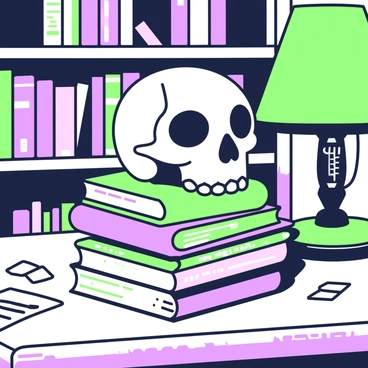 A cat skull is positioned atop a stack of old books in a library. The books have worn spines and pages that are slightly yellowed with age. The stack is situated on a wooden table that shows signs of wear. Soft light from a nearby lamp casts gentle shadows, emphasizing the contours of the skull. In the background, there are shelves filled with additional books, and a few scattered papers can be seen around the table, adding to the atmosphere of a cozy reading space.