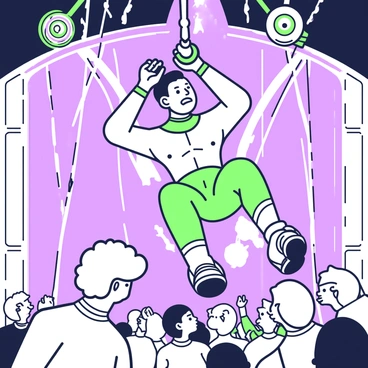 An escape artist is suspended in mid-air, performing a daring feat of freedom. The person is wearing a fitted costume that highlights their athleticism. Their arms are raised above their head, and they are locked in handcuffs, with a determined expression on their face. Surrounding them, a series of ropes and pulleys are intricately arranged, adding to the complexity of the scene. Below, a crowd is gathered, watching intently with expressions of anticipation. The background features a large stage with dramatic lighting that emphasizes the tension of the moment.