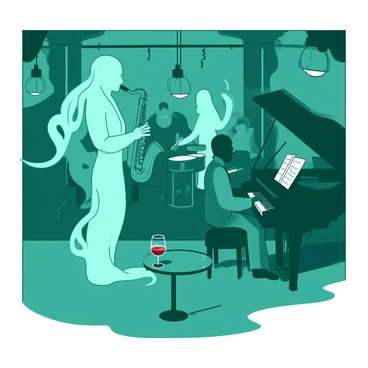 A teal jazz band composed of ghostly musicians is performing in a dimly-lit speakeasy. The band features a translucent saxophonist with a flowing, ethereal form, a ghostly pianist seated at an old-fashioned black piano, and a faded drummer with shimmering drumsticks. The musicians are surrounded by shadowy figures of an audience, some swaying to the music. The atmosphere is filled with a soft glow from vintage lamps, casting intricate shadows on the walls of the speakeasy. A small table in front of the band holds a half-empty glass of deep red wine.