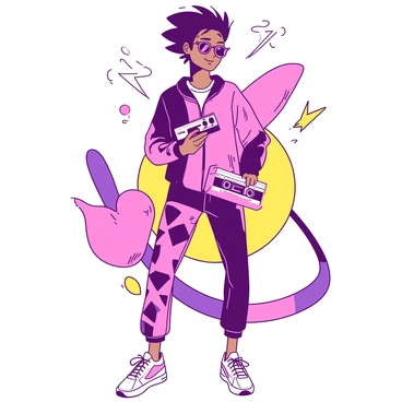 A character with spiky hair stands confidently, wearing a vibrant tracksuit composed of a mix of patterns in two distinct colors. The tracksuit features a fitted jacket and loose-fitting pants, both adorned with bold geometric shapes. The character is posed in a dynamic way, with one hand on their hip and the other holding a retro cassette player. The background includes abstract shapes and lines that evoke a sense of energy and movement, enhancing the 90s vibe of the fashion illustration.