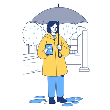 A person is standing under a gray umbrella, holding a smartphone in their right hand. The smartphone screen displays a weather app with rain icons and temperature readings. Raindrops are visibly falling and splashing on the ground around them. The person is wearing a yellow raincoat and blue jeans. In the background, blurred outlines of trees and a street are visible, with puddles forming on the pavement.