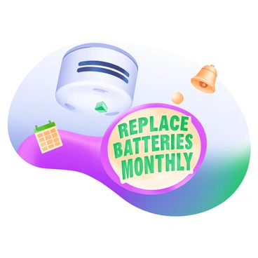 A smoke detector mounted on a ceiling with a colorful sticker attached to it. The sticker displays the words "Replace Batteries Monthly" in bold, cheerful letters. Surrounding the text are various playful icons, including a battery symbol, a calendar page, and a reminder bell. The smoke detector is white, contrasting against a pastel-colored background. The overall composition creates a clear focus on the importance of battery maintenance.