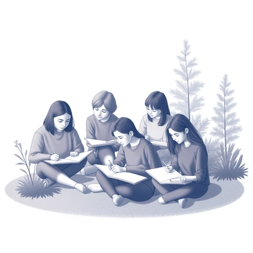 A group of students is sitting on the grass in an outdoor setting. Each student is focused intently on their sketchbooks, capturing the details of the surrounding nature. The students are of various ages and ethnicities, with some leaning forward in concentration while others are glancing up at their subjects. Nearby, there are trees, a variety of plants, and perhaps a small flower garden, all serving as inspiration for their drawings. Some students have pencils in hand, while others might be using charcoal or ink. The scene conveys a sense of creativity and engagement with the natural environment.