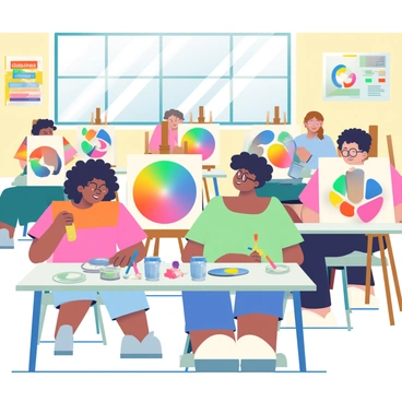 An art classroom is bustling with activity as students are scattered throughout the room, each focused on creating their own color wheels on canvas. Several students are seated at wooden easels, carefully applying vibrant paint in circular patterns on their canvases. One student with curly black hair is using a palette knife to blend hues of blue and green, while another student with glasses mixes warm colors on their palette. Paintbrushes of various sizes and jars of water are placed on the tables. The walls are decorated with student art projects and colorful posters about color theory. Sunlight streams in through large windows, illuminating the creative scene.