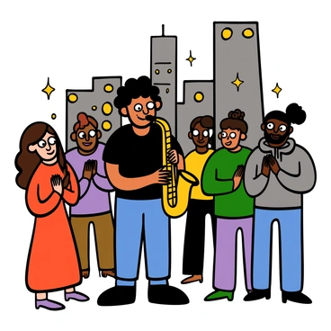 A street musician playing a saxophone under the glow of city lights, with a small crowd gathered