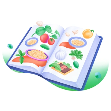 A culinary book opened to a page with beautifully illustrated margins. The margins are adorned with "colorful cooking ingredients" such as vibrant red tomatoes, lush green basil, yellow bell peppers, and cloves of garlic. There are also various "plates" depicted, showcasing different textures and patterns. Some plates contain prepared dishes like pasta with sauce, fresh salads, and desserts. The illustrations are arranged artistically, creating a cohesive design that enhances the overall culinary theme of the book.