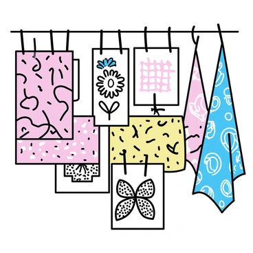 A collection of textile patterns created through serigraph printing. The display features various intricate designs, including geometric shapes, floral motifs, and abstract textures. Each fabric piece exhibits a vibrant color palette, showcasing the depth and detail of the prints. The patterns vary in scale, with some large, bold designs and others featuring fine, delicate details. The textiles hang in a way that emphasizes their textures and craftsmanship.