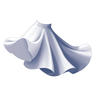 A flowing skirt is caught in a gentle breeze. The skirt billows outward, showcasing its soft fabric and graceful lines as it sways. The movement creates soft folds and ripples that capture the light. The silhouette of the skirt changes shape as it dances in the wind, illustrating the dynamic nature of the fabric. The scene conveys a sense of motion and freedom, emphasizing the fluidity of the skirt against the backdrop of a subtle setting.