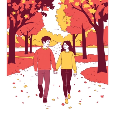 A couple is walking hand in hand through a park filled with trees in vibrant autumn colors. The ground is covered with a thick layer of orange and red leaves that are gently falling from the branches above. The couple is smiling, wearing cozy sweaters, and enjoying the crisp air. In the background, there are more trees and a pathway that leads into the distance, creating a sense of depth in the scene. The sunlight filters through the branches, casting soft shadows on the ground.