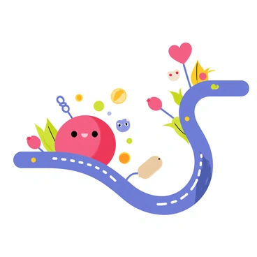 A cartoonish red blood cell with a bright red color and a round shape is shown happily rolling along a winding path. The circulatory system is depicted as a vibrant network of large, blue veins and arteries. Surrounding the red blood cell are smaller, friendly white blood cells, each with a cartoonish face, providing company on the adventure. Various colorful nutrients are illustrated floating nearby, while little animated heart symbols can be seen in the background, emphasizing the life-giving journey of the red blood cell.
