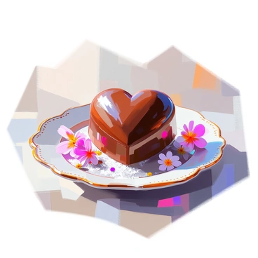 A close-up view of a "delicious chocolate heart" placed on a "decorative dessert plate." The chocolate heart is glossy and rich in color, showcasing its intricate details and textures. The plate features an elegant design with delicate patterns around the edges. Surrounding the chocolate heart, there are small edible flowers and a sprinkle of powdered sugar for added decoration. The setting is well-lit, emphasizing the lusciousness of the chocolate and the artistry of the plate.