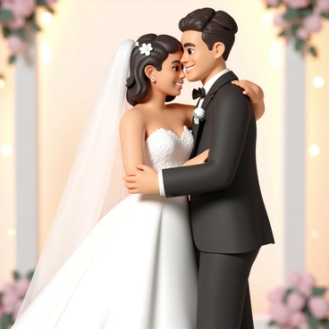 A bride, wearing a stunning white wedding gown with intricate lace details and a flowing train, is embracing a groom, who is dressed in a classic black tuxedo with a white shirt and a black bow tie. The bride's long veil softly cascades down her back, and her hair is styled in elegant waves, adorned with small white flowers. The groom's arms are wrapped around the bride's waist, pulling her close as they share a tender moment. They are surrounded by a blurred backdrop of soft floral arrangements and warm ambient lighting, capturing the joy of their special day.
