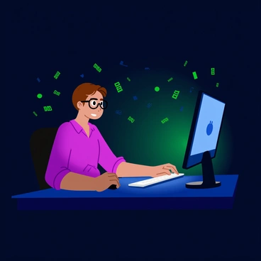 A person with short brown hair and glasses is sitting at a desk in a dark room. They are intensely focused on a glowing computer screen, with their fingers moving rapidly over the keyboard. Surrounding the person, green and blue digital codes appear to float in the air, creating a sense of energy and activity. The room is dimly lit, with only the light from the computer illuminating the scene, casting soft shadows on the walls.