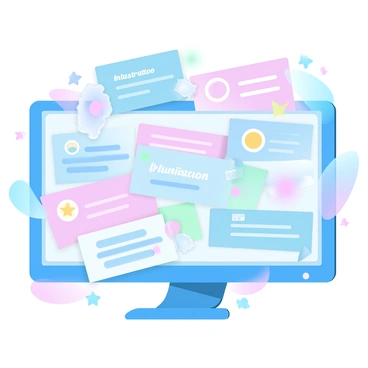 An overflowing email inbox is displayed on a computer screen, with numerous brightly colored emails visible. Each email features bold, vibrant headings that represent various illustration project invitations. The inbox is filled with a mix of pastel colors, enhancing the lively atmosphere. Some emails are partially open, showcasing snippets of creative concepts and art-related keywords. A few icons, like paper clips and stars, are present, suggesting attachments and importance. The background is a subtle gradient of pastel colors, creating a visually engaging setting.